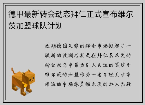 德甲最新转会动态拜仁正式宣布维尔茨加盟球队计划